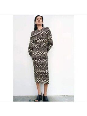 Zara Printed Cut-Out Detail Midi Dress Size L 4437/063